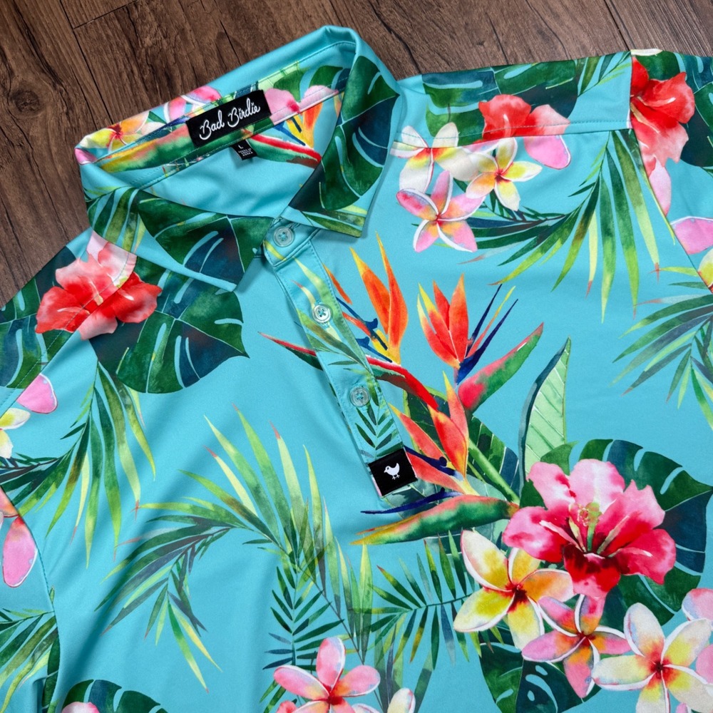 Bad Birdie Golf Polo Shirt Mens L Blue Tropical Floral Hibiscus Bird of Paradise